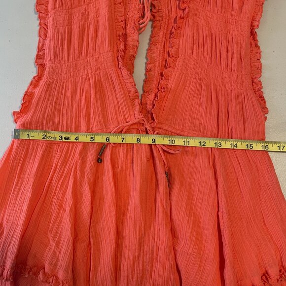 FREE PEOPLE "Antoinette" Deep V Sleeveless Baby Doll Boho Mini Dress, Orange - L - Picture 6 of 12